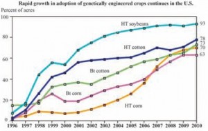 Data for each crop category include varieties with both HT and Bt (stacked) straits. Sources: 1996-1999 data are from Fernandez-Cornejo and McBride (2002). Data for 2000-10 are available in the ERS data product, Adoption of Genetically Engineered Crops in the U.S., tables 1-3